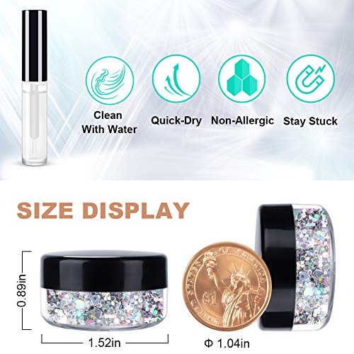 Silver Holographic Chunky Cosmetic Glitter Body Hair Face Eye Nail for Festival Carnival Concert Party Beauty Rave Accessories Different Sizes&Shapes ✮14g + Quick Dry Primer Glue Gel(5ml)