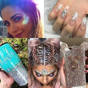 Silver Holographic Chunky Cosmetic Glitter Body Hair Face Eye Nail for Festival Carnival Concert Party Beauty Rave Accessories Different Sizes&Shapes ✮14g + Quick Dry Primer Glue Gel(5ml)