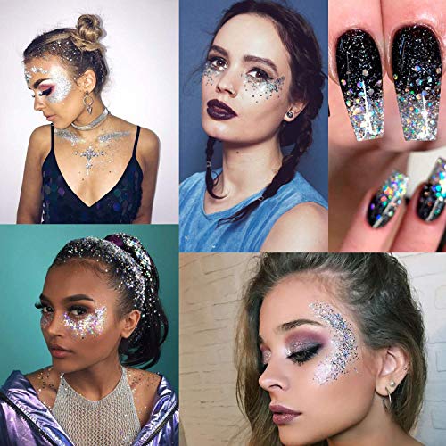 Silver Holographic Chunky Cosmetic Glitter Body Hair Face Eye Nail for Festival Carnival Concert Party Beauty Rave Accessories Different Sizes&Shapes ✮14g + Quick Dry Primer Glue Gel(5ml)