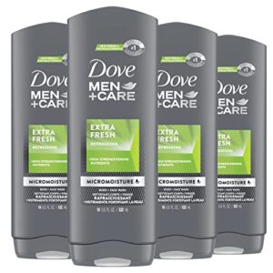 dove men+care body wash for men’s skin care extra fresh effectively washes away bacteria while nourishing your skin, 18 ounce (pack of 4)