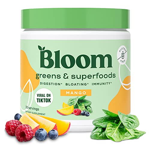 Bloom Nutrition Super Greens Powder Smoothie & Juice Mix - Probiotics for Digestive Health & Bloating Relief for Women, Digestive Enzymes with Superfoods Spirulina & Chlorella for Gut Health (Mango)