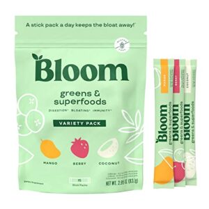 Bloom Nutrition Green Superfood Stick Packs | Super Greens Powder Juice & Smoothie Mix | Complete Whole Foods, Organic Spirulina and Chlorella, Probiotics, Digestive Enzymes, & Antioxidants (Variety)