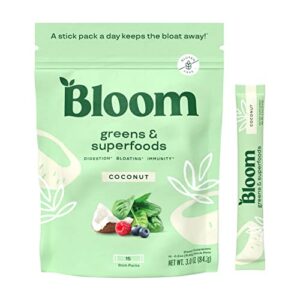 bloom nutrition super greens powder smoothie mix, 15 stick packs – probiotics for digestive health & bloating relief for women, digestive enzymes with organic superfoods for gut health (coconut)