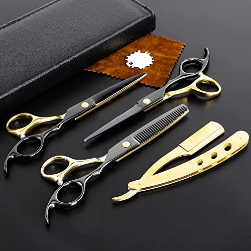 Professional Black Gold Hairdressing Scissors Stainless Steel Barber Hair Cutting Scissors Sets Salon Multifunctional Straight Shears Teeth Scissors Thinning Shears Tools for Mother Father's Gift