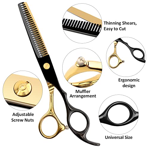 Professional Black Gold Hairdressing Scissors Stainless Steel Barber Hair Cutting Scissors Sets Salon Multifunctional Straight Shears Teeth Scissors Thinning Shears Tools for Mother Father's Gift