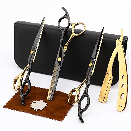 Professional Black Gold Hairdressing Scissors Stainless Steel Barber Hair Cutting Scissors Sets Salon Multifunctional Straight Shears Teeth Scissors Thinning Shears Tools for Mother Father's Gift