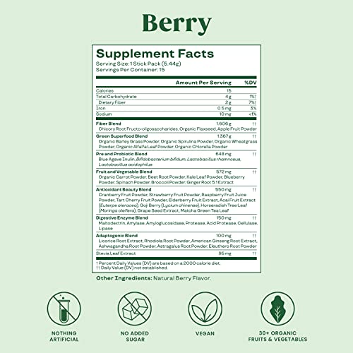 Bloom Nutrition Super Greens Powder Smoothie Mix, 15 Stick Packs - Probiotics for Digestive Health & Bloating Relief for Women, Digestive Enzymes with Organic Superfoods for Gut Health (Berry)