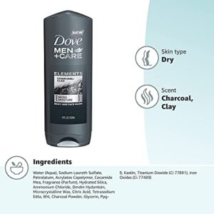 DOVE MEN + CARE Elements Body Wash Charcoal + Clay, Effectively Washes Away Bacteria While Nourishing Your Skin, Gray, 18 Fl Oz