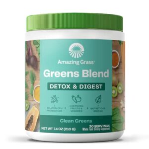 amazing grass greens blend detox & digest: smoothie mix, cleanse with super greens powder, digestive enzymes & probiotics, clean green, 30 servings (packaging may vary)