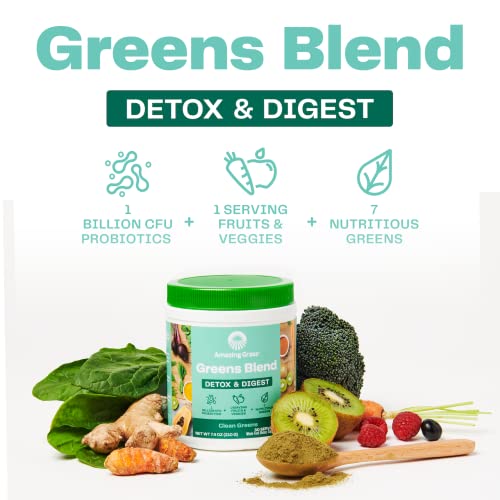 Amazing Grass Greens Blend Detox & Digest: Smoothie Mix, Cleanse with Super Greens Powder, Digestive Enzymes & Probiotics, Clean Green, 30 Servings (Packaging May Vary)