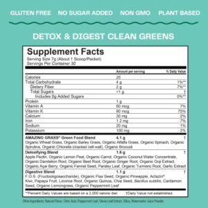 Amazing Grass Greens Blend Detox & Digest: Smoothie Mix, Cleanse with Super Greens Powder, Digestive Enzymes & Probiotics, Clean Green, 30 Servings (Packaging May Vary)