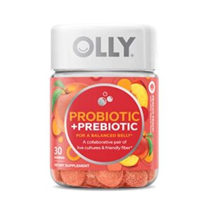 olly probiotic + prebiotic gummy, digestive support and gut health, 500 million cfus, fiber, adult chewable supplement for men and women, peach, 30 day supply – 30 count