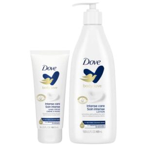 dove intense care 2pc bundle, body lotion for dry skin (13.5 oz) + hand cream (3 oz), advanced moisturizer, lotion for women and men, intensive cream