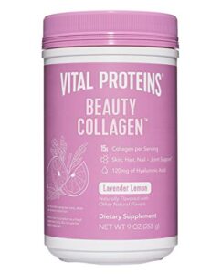 vital proteins beauty collagen peptides powder supplement for women, 120mg of hyaluronic acid – 15g of collagen per serving – enhance skin elasticity and hydration – lavender lemon – 9oz canister