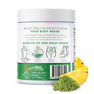 One Sol Greens, Super Greens Powder to Reduce Bloating & Improve Gut Health, Superfood Fresh Bloom Organic Greens Blend Juice & Smoothie Mix, Pre & Probiotic with Digestive Enzymes, Vegan & Soy Free