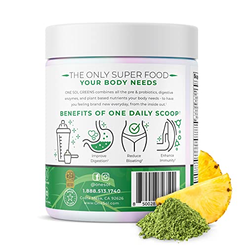 One Sol Greens, Super Greens Powder to Reduce Bloating & Improve Gut Health, Superfood Fresh Bloom Organic Greens Blend Juice & Smoothie Mix, Pre & Probiotic with Digestive Enzymes, Vegan & Soy Free