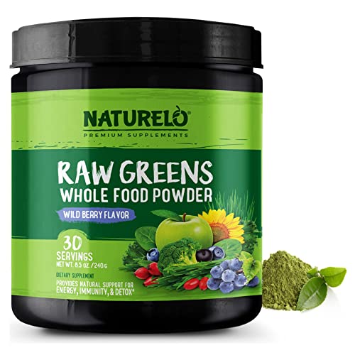 NATURELO Raw Greens Superfood Powder - Wild Berry Flavor - Boost Energy, Detox, Enhance Health - Organic Spirulina - Wheat Grass - Whole Food Nutrition from Fruits & Vegetables - 30 Servings