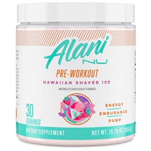 alani nu pre workout supplement powder for energy, endurance & pump, sugar free, 200mg caffeine, formulated with amino acids like l-theanine to prevent crashing, hawaiian shaved ice 30 servings
