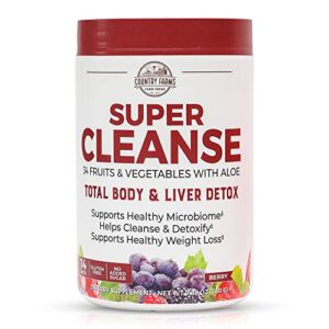 country farms super cleanse, super juice cleanse, supports healthy digestive system, 34 fruits and vegetables with aloe, promotes natural detoxification, drink powder, 14 servings, 9.88 ounce