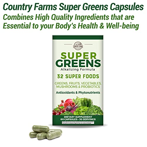 Country Farms Super Greens Capsules, Whole Food Dietary Supplement, 32 Super Foods, 30 servings.