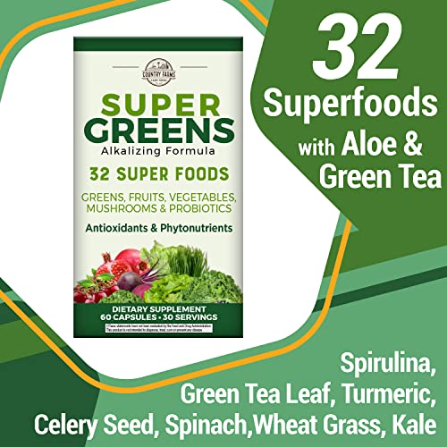 Country Farms Super Greens Capsules, Whole Food Dietary Supplement, 32 Super Foods, 30 servings.