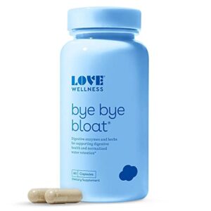 love wellness bye bye bloat, digestive enzymes supplement – 60 capsules – bloating & gas relief – helps reduce water retention & overall digestive health – safe & effective with fenugreek, & dandelion