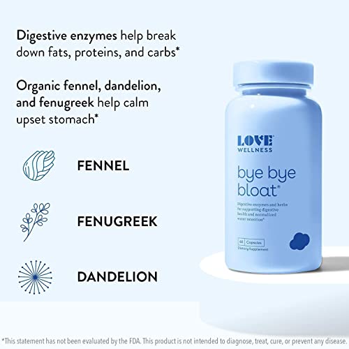 Love Wellness Bye Bye Bloat, Digestive Enzymes Supplement - 60 Capsules - Bloating & Gas Relief - Helps Reduce Water Retention & Overall Digestive Health - Safe & Effective With Fenugreek, & Dandelion