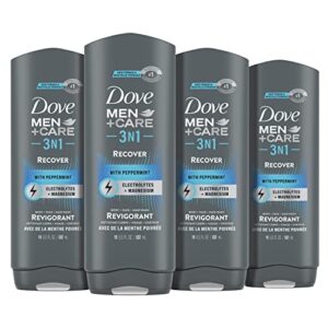 dove men + care post-workout 3-in-1 (body + face + hair wash) with peppermint 4 count infused with electrolytes + magnesium 18 oz