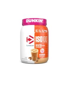dymatize iso100 hydrolyzed 100% whey isolate protein powder in dunkin’ cappuccino flavor, 25g protein, 95mg caffeine, 5.5g bcaas, gluten free, fast absorbing, easy digesting, 21.5 oz
