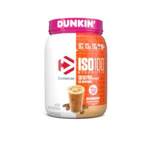 Dymatize ISO100 Hydrolyzed 100% Whey Isolate Protein Powder in Dunkin' Cappuccino Flavor, 25g Protein, 95mg Caffeine, 5.5g BCAAs, Gluten Free, Fast Absorbing, Easy Digesting, 21.5 Oz