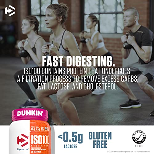 Dymatize ISO100 Hydrolyzed 100% Whey Isolate Protein Powder in Dunkin' Cappuccino Flavor, 25g Protein, 95mg Caffeine, 5.5g BCAAs, Gluten Free, Fast Absorbing, Easy Digesting, 21.5 Oz