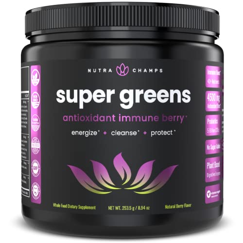 Super Greens Powder Premium Antioxidant Superfood | Organic Greens Fruit and Veggie Vegan Supplement | 40+ Greens and Superfoods Including Wheatgrass & Spirulina | Probiotic Powder Greens, Sweet Berry