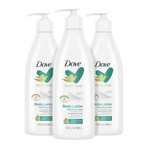 dove body love fragrance free lotion for rough or dry skin sensitive care soothes and comfort, white, 13.5 oz, pack of 3