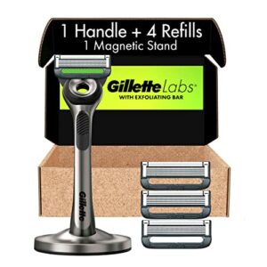 gillette razors for men with exfoliating bar by gillettelabs, shaving kit for men, includes 1 handle, 4 razor blade refills, 1 premium magnetic stand