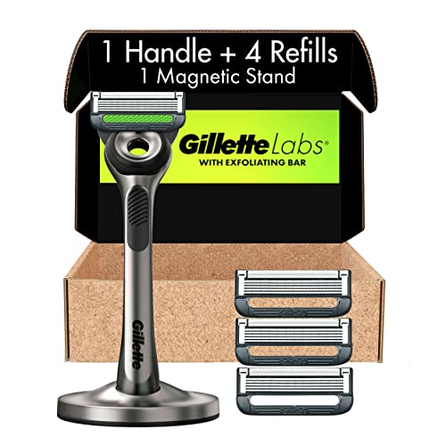 Gillette Razors for Men with Exfoliating Bar by GilletteLabs, Shaving Kit for Men, Includes 1 Handle, 4 Razor Blade Refills, 1 Premium Magnetic Stand