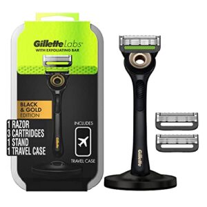 gillette razor for men with exfoliating bar gold edition by gillettelabs, includes 1 handle, 3 razor blade refills, 1 travel case, 1 premium magnetic stand