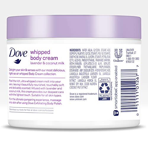 Dove Whipped Body Cream Dry Skin Moisturizer Lavender and Coconut Milk Nourishes Skin Deeply, 10 Ounce (Pack of 3)