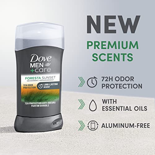 Dove Men+Care Deodorant Stick For Men Foresta Sunset 3 Count Aluminum Free 72-Hour Odor Protection Mens Deodorant With Essential Oils & 1/4 Moisturizing Cream 3oz