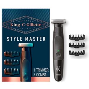 king c. gillette beard trimmer for men, includes 1 cordless style master trimmer with one 4d blade and 3 interchangeable combs, waterproof