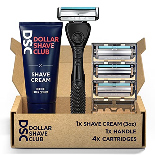 Dollar Shave Club | 4-Blade Razor Set | Diamond Grip Club Razor Handle, 4-Blade Club Razor Cartridges, Shave Cream with Aloe and Coconut Oil, Easy to Grip Handle, Shaving Kit, Value Bundle ,Black/Teal