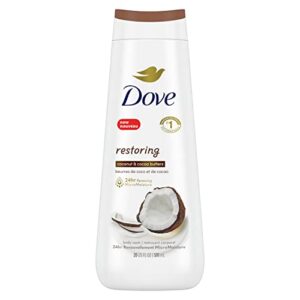 dove body wash restoring coconut & cocoa butter for renewed, healthy-looking skin gentle skin cleanser that effectively washes away bacteria while nourishing your skin 20 oz