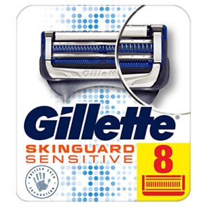 gillette skinguard sensitive razor blades men, pack of 8 razor blade refills with precision trimmer, fits fusion handles