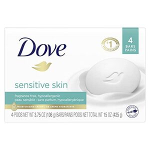 dove beauty bar more moisturizing than bar soap for softer skin, fragrance free, hypoallergenic sensitive skin with gentle cleanser 3.75 oz, 4 bars(pack of 1)