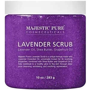 lavender oil body scrub exfoliator with shea butter and grapefruit oil by majestic pure – exfoliate & moisturize skin, fights acne – 10 oz