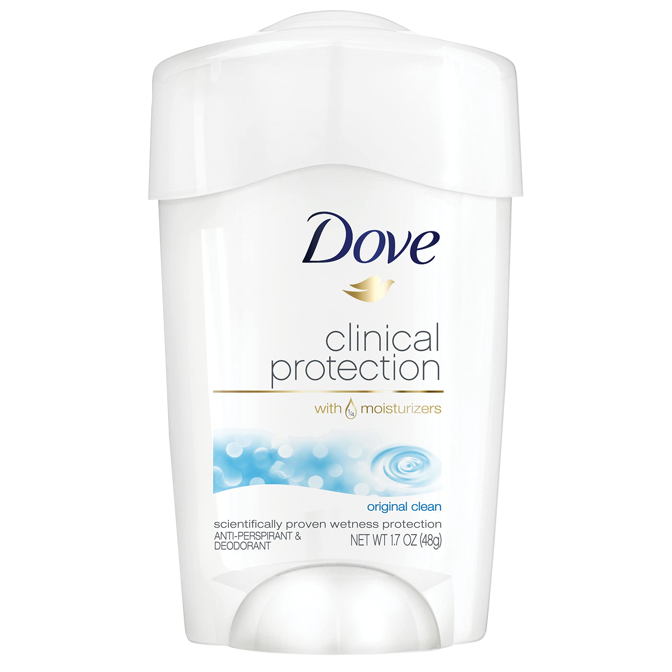 Dove Clinical Protection Antiperspirant Deodorant For Sweat and Odor Protection Original Clean Antiperspirant For Women Made With 1/4 Moisturizers 1.7 oz