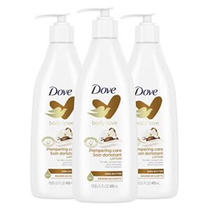 dove body love pampering body lotion for silky, smooth skin shea butter softens and smoothes dry skin, white, 13.5 oz, 3 count