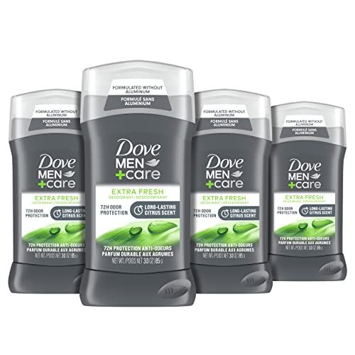 Dove Men+Care Deodorant Stick Aluminum free with 48-Hour Protection Extra Fresh Deodorant for men with Vitamin E and Triple Action Moisturizer 3 Ounce (Pack of 4), Packaging May Vary