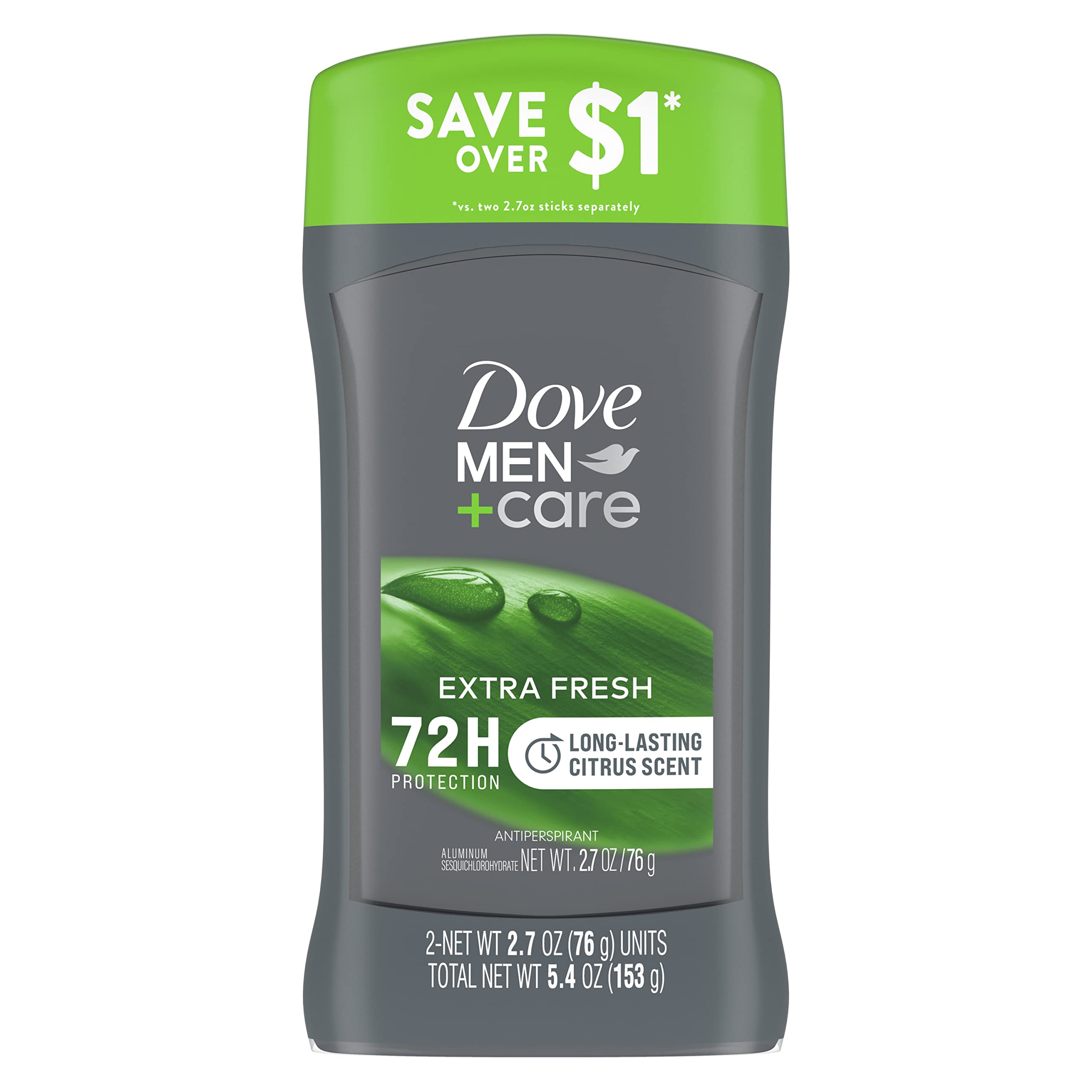 Dove Men+Care Extra Fresh Men's Antiperspirant Deodorant Stick Extra Fresh Twin pack With 72-hour sweat & odor protection with 1/4 Moisturizing Cream & Long-lasting Citrus Scent 2.7 oz