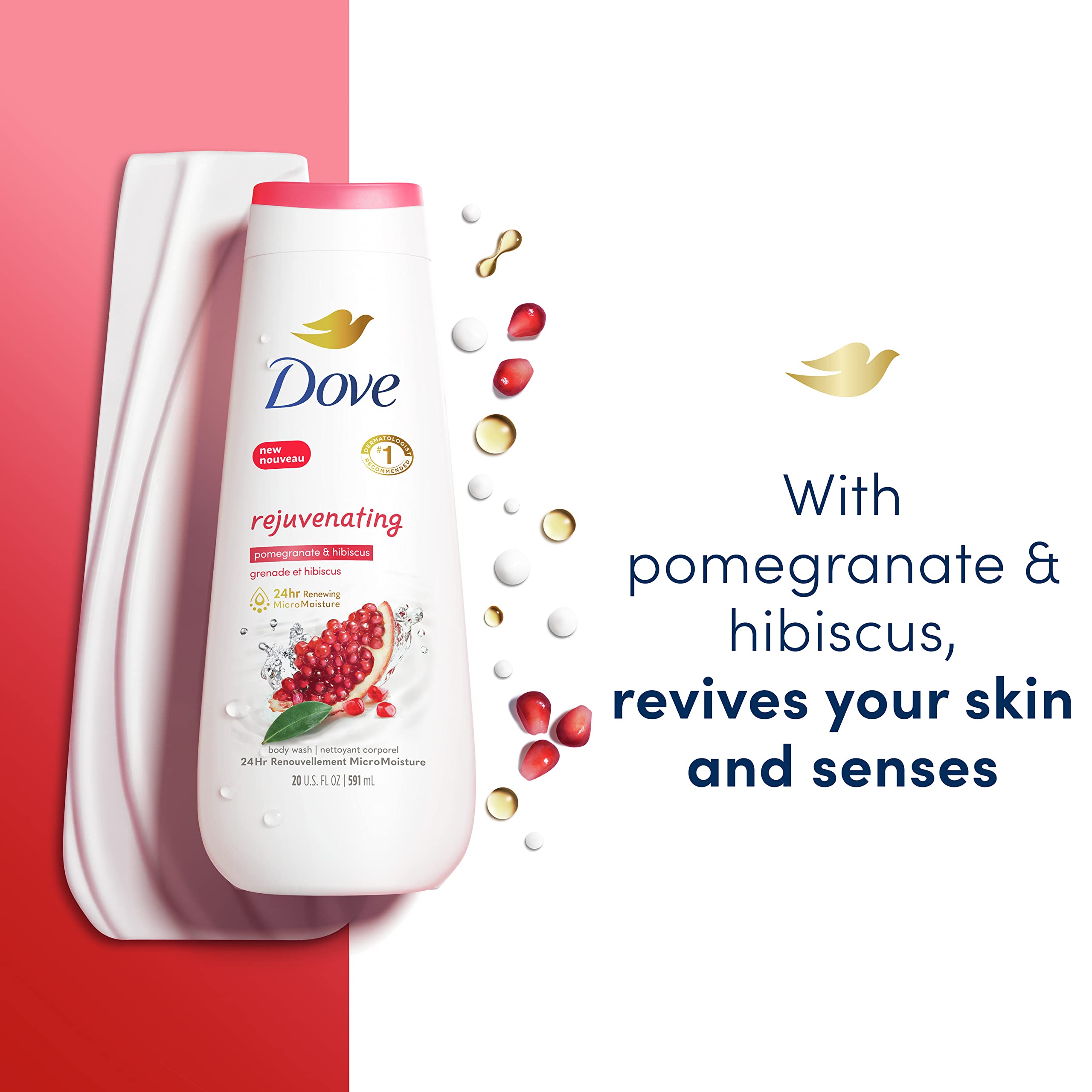 Dove Body Wash Rejuvenating Pomegranate & Hibiscus for Renewed, Healthy-Looking Skin Gentle Skin Cleanser with 24hr Renewing MicroMoisture 20 oz