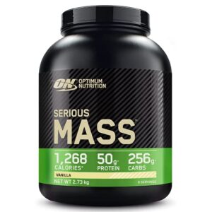 optimum nutrition serious mass weight gainer protein powder, vitamin c, zinc and vitamin d for immune support, vanilla, 6 pound (packaging may vary)
